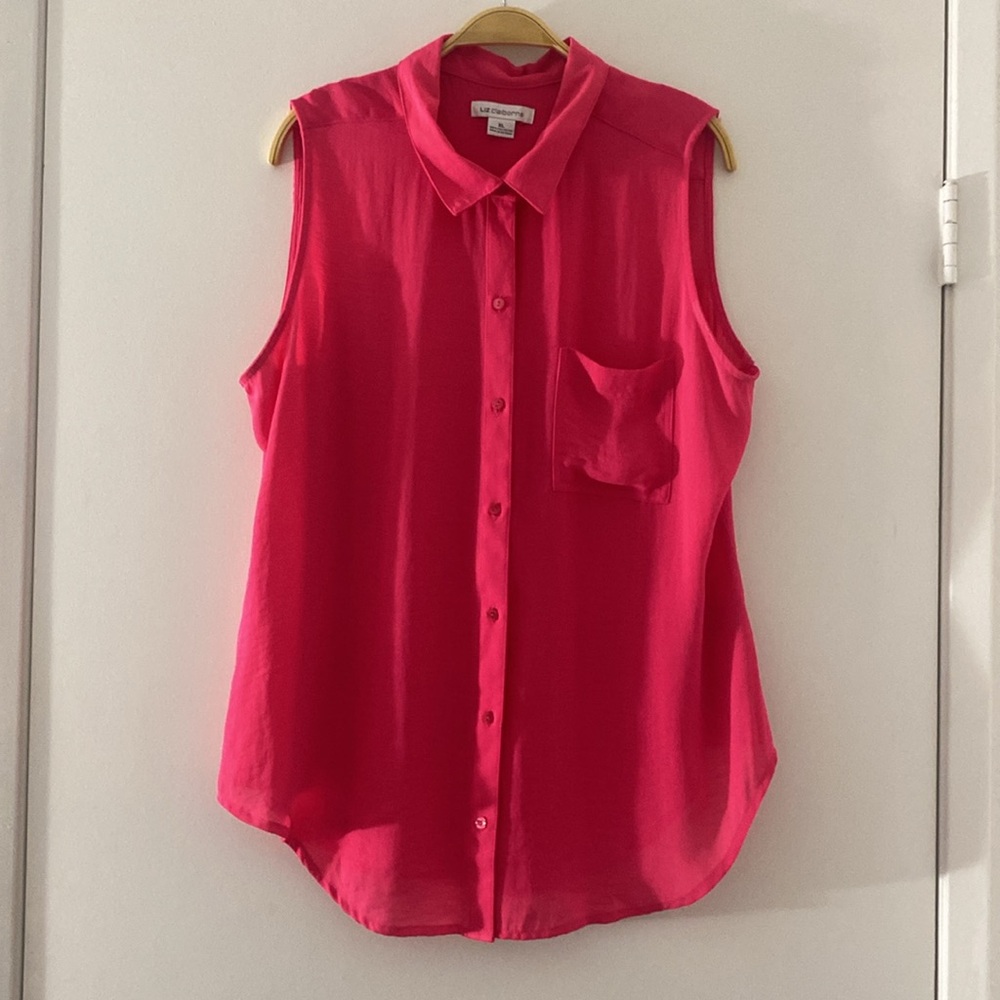 Liz Claiborne Vibrant Pink Sleeveless, Collared Button Down Blouse